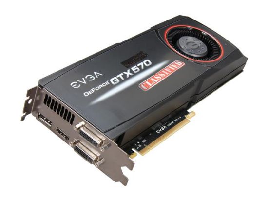 Picture of EVGA 012-P3-1578 AR GeForce GTX 570 Classified 1280 MB GDDR5 PCI Express 2.0 2DVI/HDMI/Display Port SLI Ready
