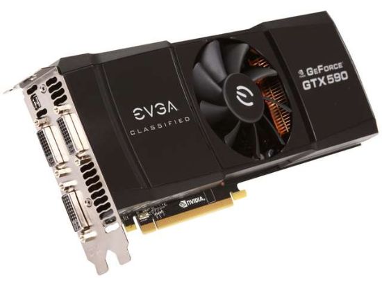 Picture of EVGA 03G P3 1598 TR GeForce GTX 590 Classified 3072 MB GDDR5 PCI Express 2.0 3DVI/Mini-Display Port SLI Ready