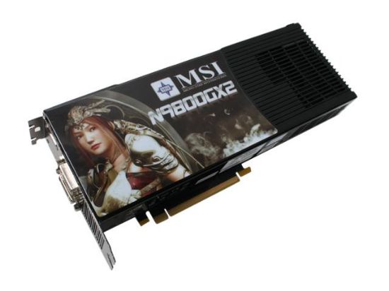 Picture of MSI N9800GX2M2D1G GeForce 9800 GX2 1GB (512MB per GPU) 512-bit (256-bit per GPU) GDDR3 PCI Express 2.0 x16 HDCP Ready SLI Suppor