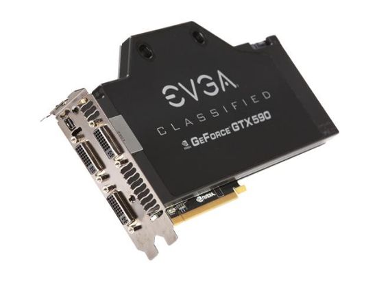 Picture of EVGA 03G-P3-1599-A3 GeForce GTX 590 (Fermi) Classified Hydro Copper 3072MB 768-bit GDDR5 PCI Express 2.0 x16 HDCP Ready SLI Support Video